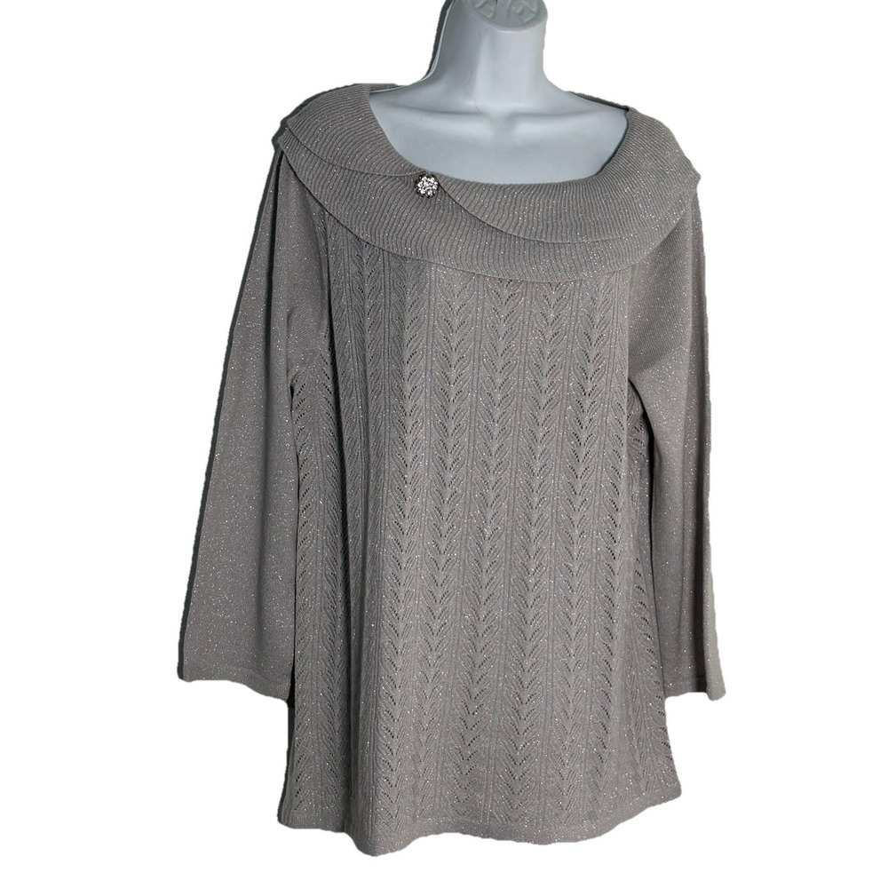 Briggs NY Gray Shimmer Chevron Knit Tunic Sweater Layered Portrait Collar Gem XL